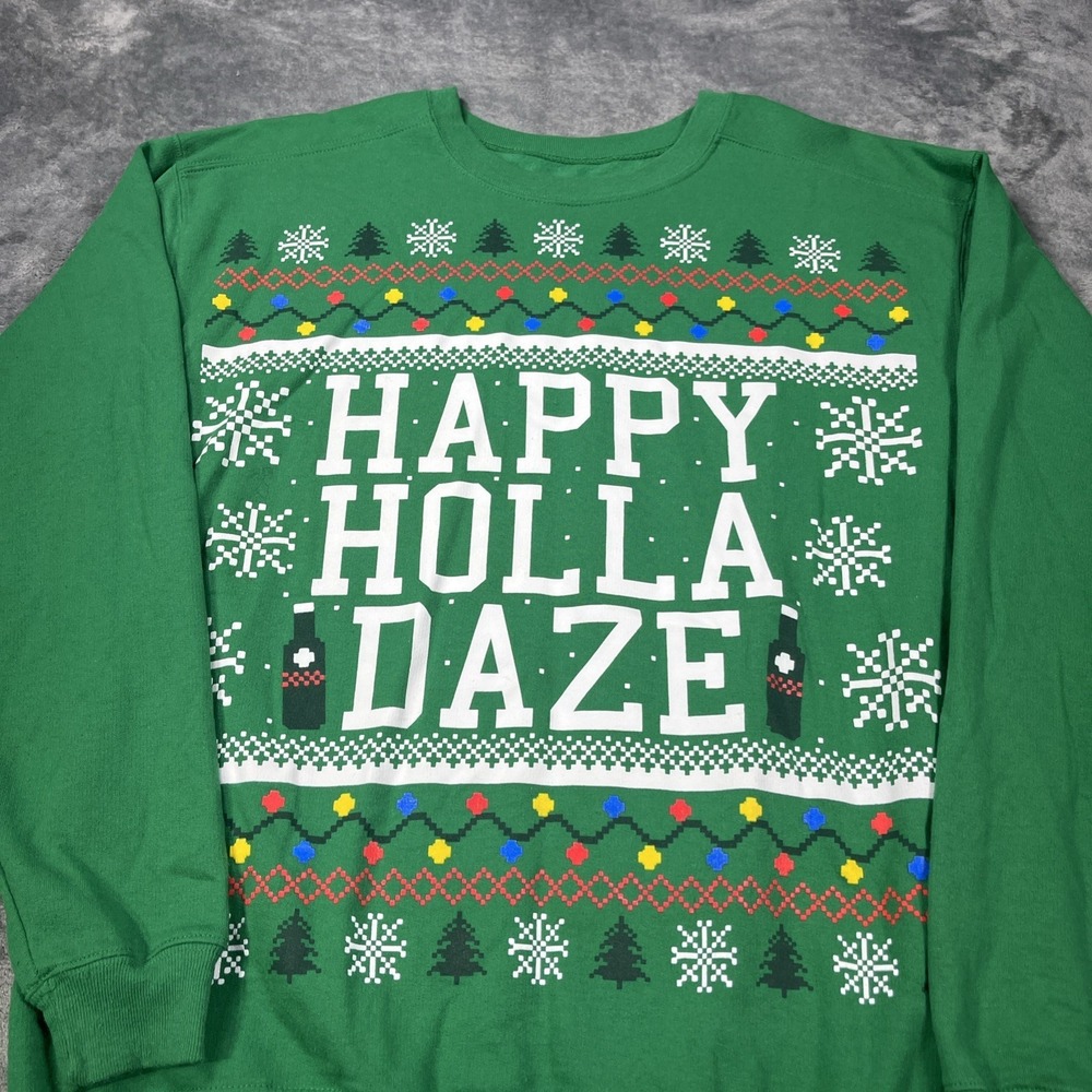 Spencer's Ugly Sweater Mens Medium Green Christmas Holla Daze Fleece Crew Neck